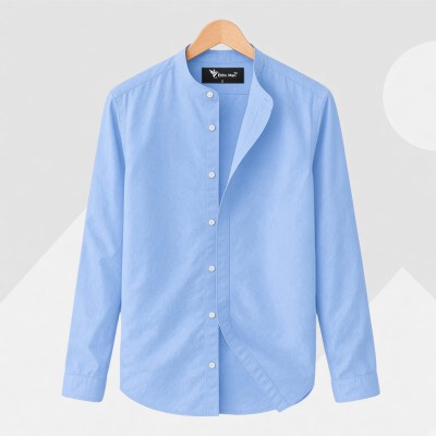 Long Sleeve Band Collar Shirt_ Sky Blue