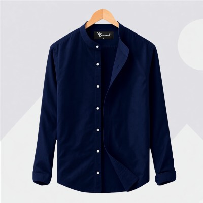 Long Sleeve Band Collar Shirt Navy Blue