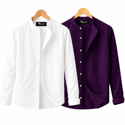 Long Sleeve Band Collar Shirt White , Purple