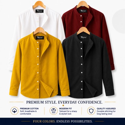 Long Sleeve Band Collar Shirt White , Maroon , Kathali , Black