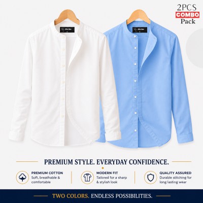 Long Sleeve Band Collar Shirt Sky Blue, White