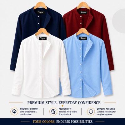 Long Sleeve Band Collar Shirt Navy Blue , Maroon and Sky Blue ,White
