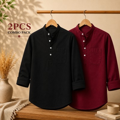 Oxford Cotton Fabrics Full Sleeve Katua For Men's Black & Maroon