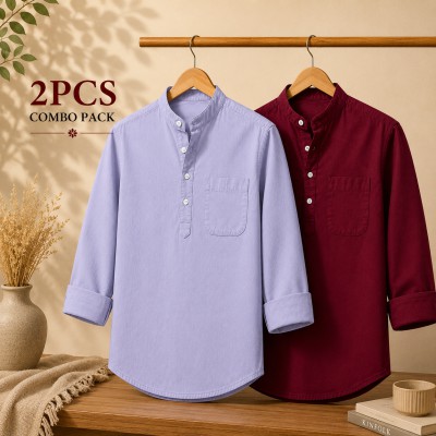 Oxford Cotton Fabrics Full Sleeve Katua For Men's Ash & Maroon