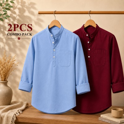 Oxford Cotton Fabrics Full Sleeve Katua For Men's Sky Blue & Maroon