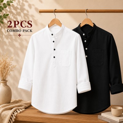 Oxford Cotton Fabrics Full Sleeve Katua For Men's White & Black