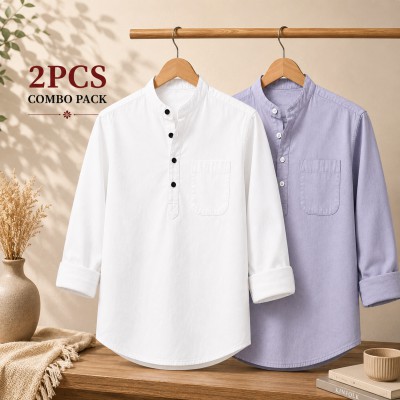 Oxford Cotton Fabrics Full Sleeve Katua For Men's White & Ash