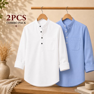 Oxford Cotton Fabrics Full Sleeve Katua For Men's White & Sky Blue