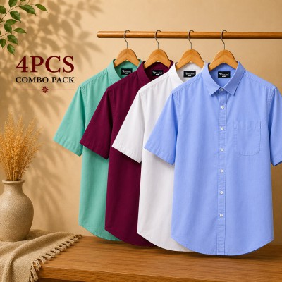 Oxford Cotton Fabric Short Sleeve Shirt Maroon Pest White Sky Blue