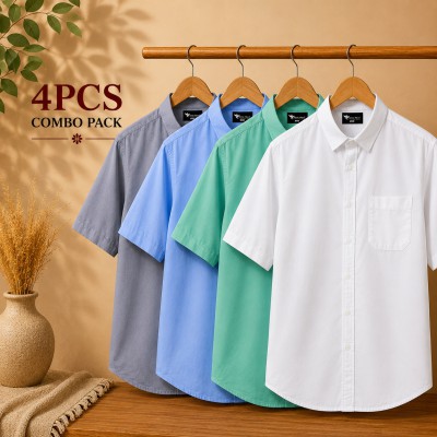 Oxford Cotton Fabric Short Sleeve Shirt White Pest Ash Sky blue
