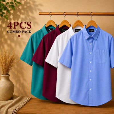 Oxford Cotton Fabric Short Sleeve Shirt Pest Maroon White Sky Blue