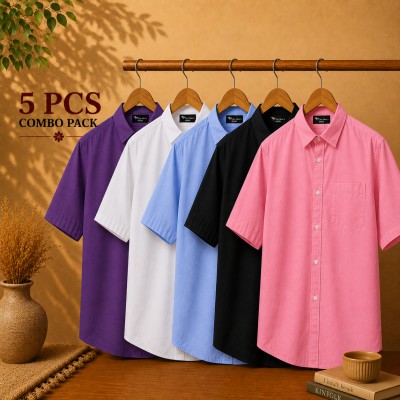 Oxford Cotton Fabric Short Sleeve Shirt Purple White Sky Blue Black & Pink