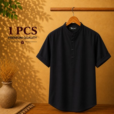 Oxford Cotton Fabrics Short Sleeve Katua For Men's Black