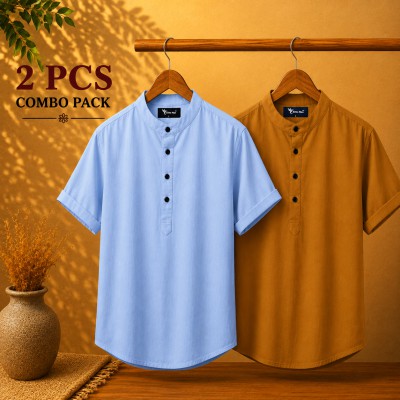 Oxford Cotton Fabrics Short Sleeve Katua For Men's Sky blue & Kathali