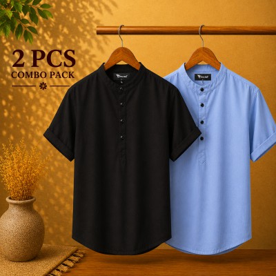 Oxford Cotton Fabrics Short Sleeve Katua For Men's Black & Sky Blue