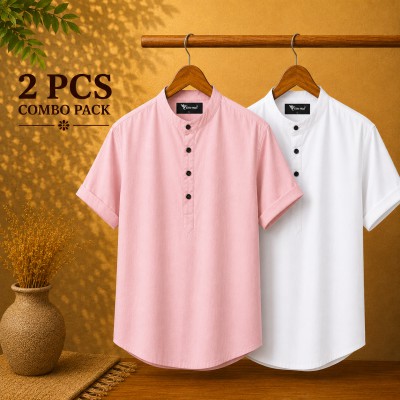 Oxford Cotton Fabrics Short Sleeve Katua For Men's Pink & White