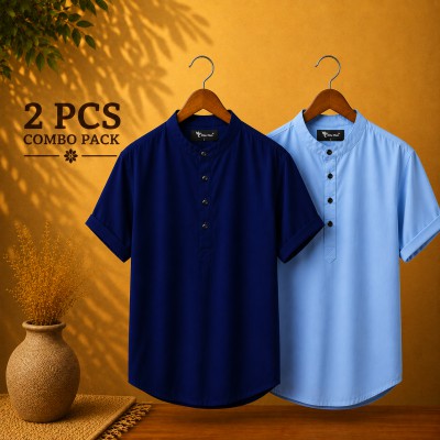 Oxford Cotton Fabrics Short Sleeve Katua For Men's Sky Blue & Navy blue