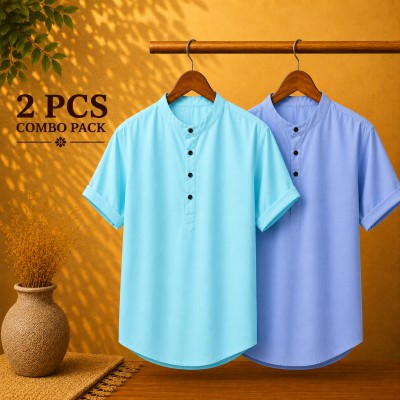 Oxford Cotton Fabrics Short Sleeve Katua For Men's Pest & Sky Blue