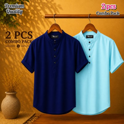 Oxford Cotton Fabrics Short Sleeve Katua For Men's Pest & Navy blue