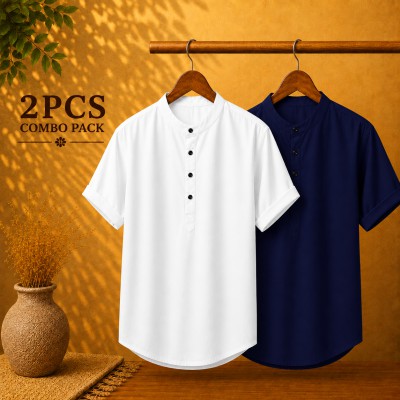 Oxford Cotton Fabrics Short Sleeve Katua For Men's White & Navy blue