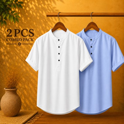 Oxford Cotton Fabrics Short Sleeve Katua For Men's Sky Blue & White