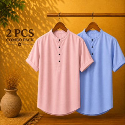Oxford Cotton Fabrics Short Sleeve Katua For Men's Pink & Sky Blue