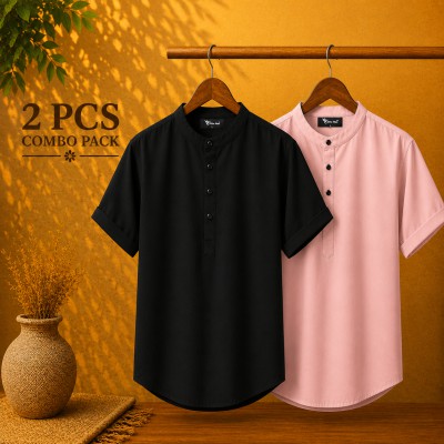 Oxford Cotton Fabrics Short Sleeve Katua For Men Black & Pink