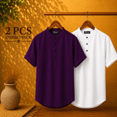 Oxford Cotton Fabrics Short Sleeve Katua For Men's Purple & White