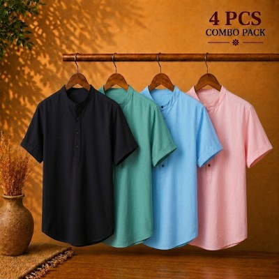 Oxford Cotton Fabrics Short Sleeve Katua For Men's Black Pest Sky Blue Pink