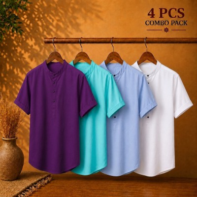 Oxford Cotton Fabrics Short Sleeve Katua For Men Purple Pest Sky Blue White