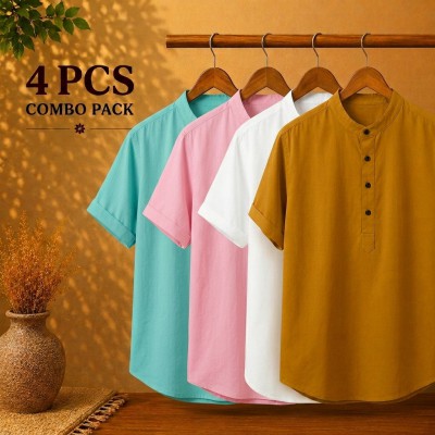 Oxford Cotton Fabrics Short Sleeve Katua For Men's Pest Pink White Kathali
