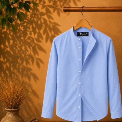 Long Sleeve Band Collar Shirt_ Sky Blue