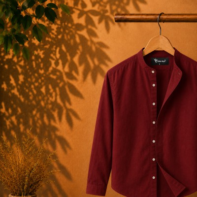 Long Sleeve Band Collar Shirt Maroon