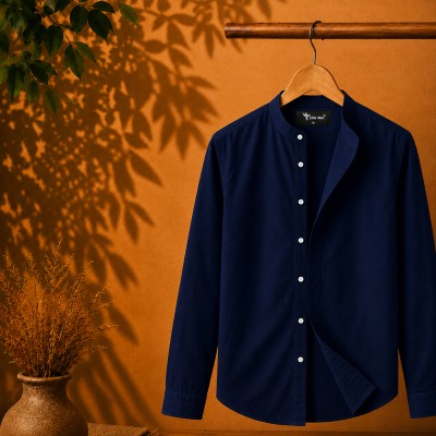 Long Sleeve Band Collar Shirt Navy Blue