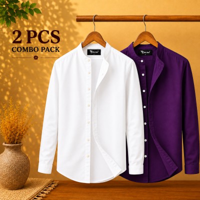 Long Sleeve Band Collar Shirt White , Purple