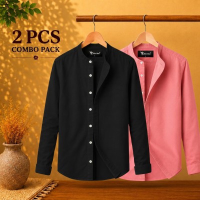 Long Sleeve Band Collar Shirt Black , Pink