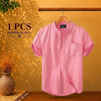 Short Sleeve Band Collar Shirt Pink