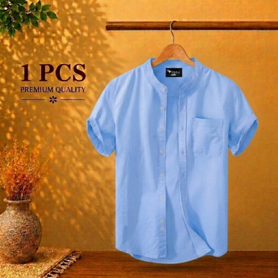 Short Sleeve Band Collar Shirt Sky Blue