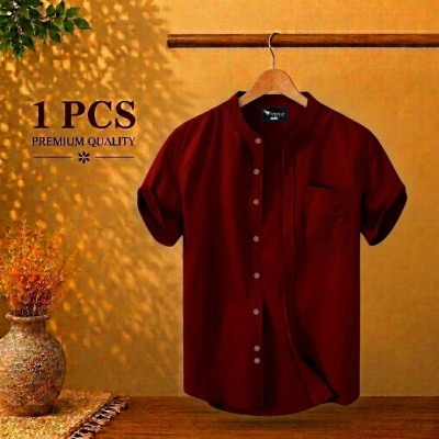 Short Sleeve Band Collar Shirt Maroon