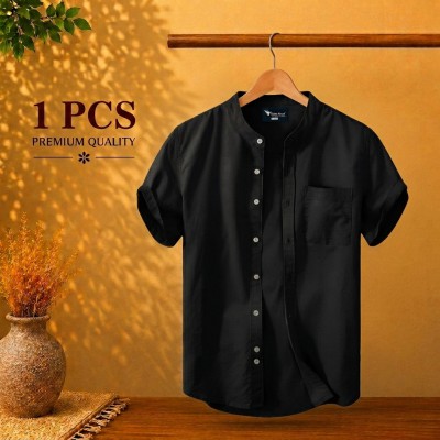 Short Sleeve Band Collar Shirt Black