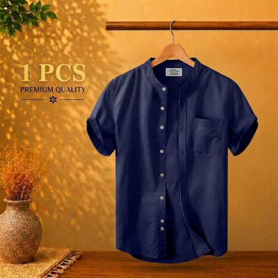 Short Sleeve Band Collar Shirt Navy Blue