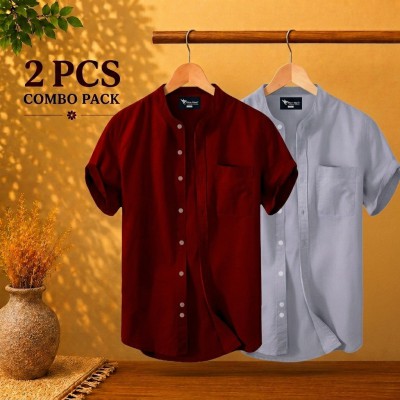 Short Sleeve Band Collar Shirt Maroon, Ash
