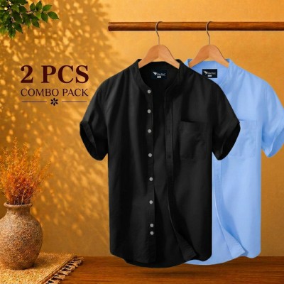 Short Sleeve Band Collar Shirt Sky Blue & Black