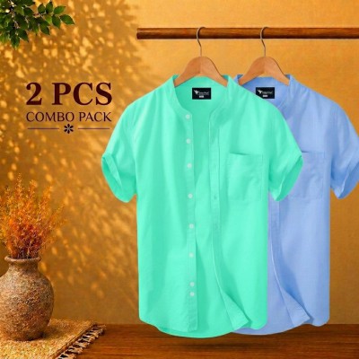 Short Sleeve Band Collar Shirt Pest & Sky Blue