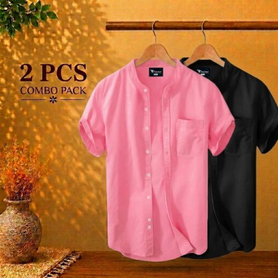 Short Sleeve Band Collar Shirt Pink & Black