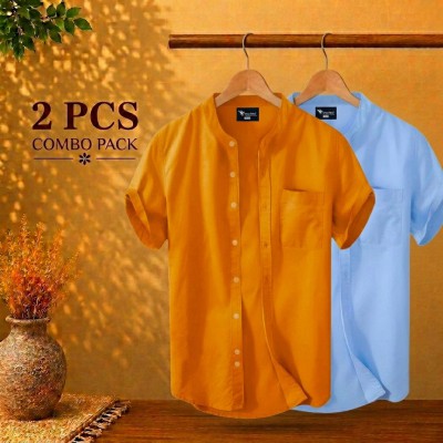 Short Sleeve Band Collar Shirt Kathali & Sky Blue
