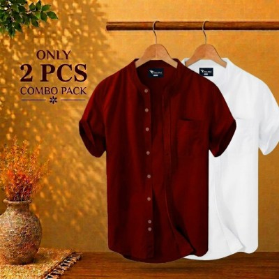 Short Sleeve Band Collar Shirt Maroon & White