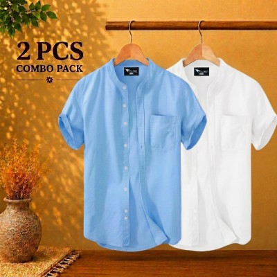 Short Sleeve Band Collar Shirt Sky Blue & White