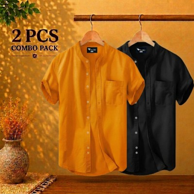 Short Sleeve Band Collar Shirt Kathali & Black
