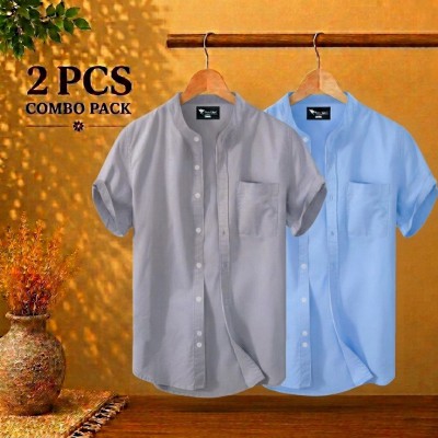 Short Sleeve Band Collar Shirt Ash & Sky Blue